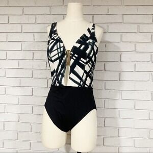 Amoressa Black White Abstract Print‎ Plunging V-Neck One-Piece Swimsuit